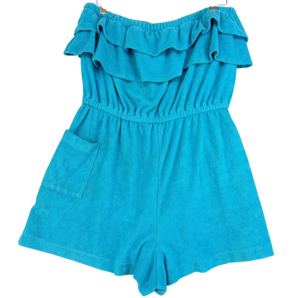 Coco Bay Miami Turquoise Terry Cloth Ruffle Strapless Romper Beach Coverup M